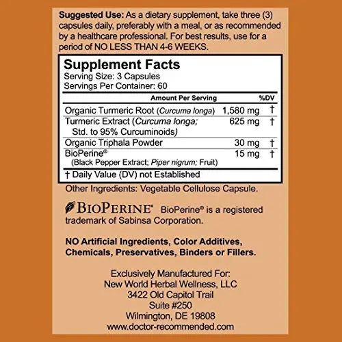 Turmeric Curcumin - 2250mg/d - 95% Curcuminoids - 180 Veggie Caps with Black DOCTOR RECOMMENDED SUPPLEMENTS Au supplements