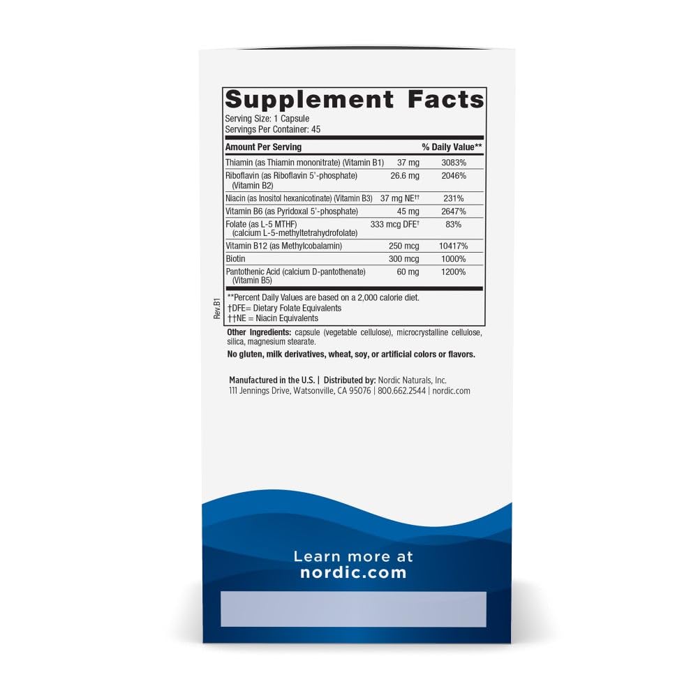Nordic Naturals Vitamin B Complex - 45 Capsules Thiamine, Riboflavin, Niacin, B6 & B12, Folate, Biotin, Pantothenic Acid Heart Brain Health, Energy, Metabolism Non-GMO Servings Nordic Naturals Au supplements