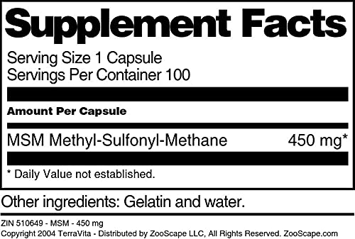 MSM - 450 mg (100 Capsules, ZIN: 510649) - 3 Pack Terravita Au supplements