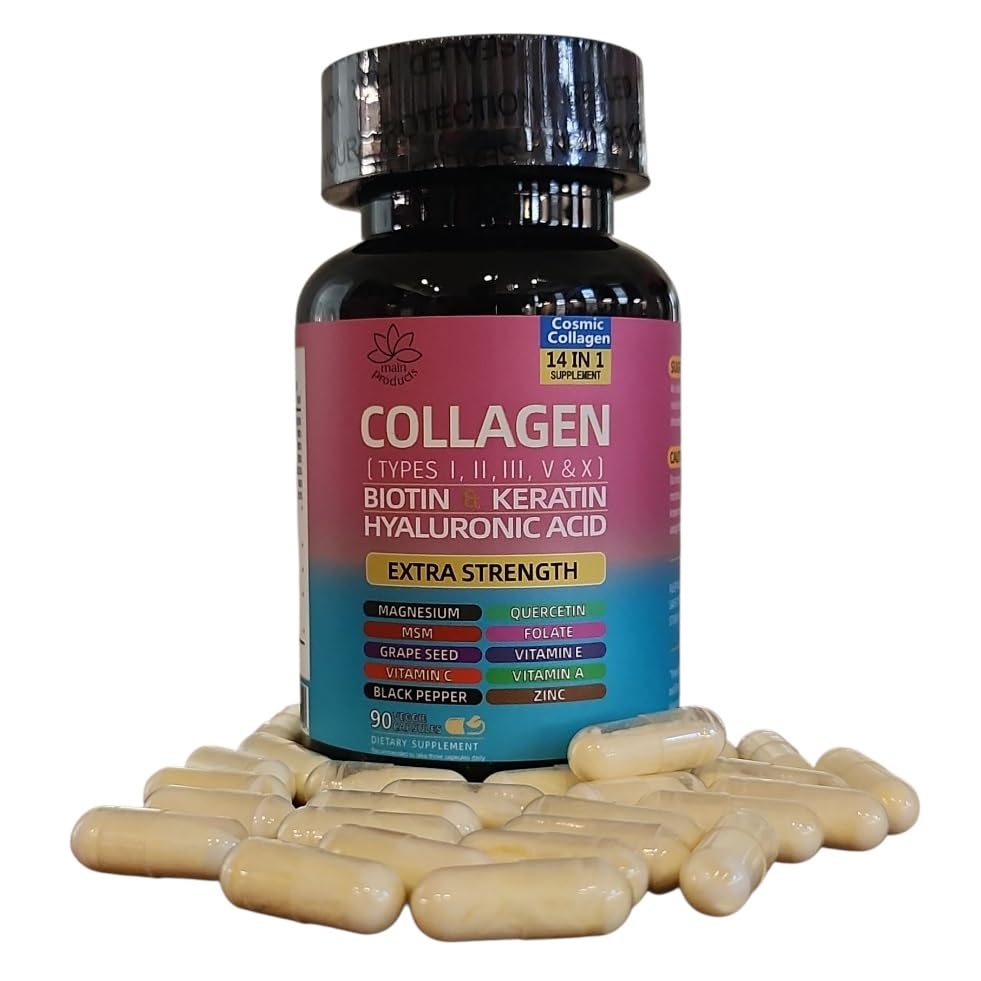 Collagen Peptides Types I, II, III, V & X, 64000 MCG, 14 in 1, Biotin, Keratin, Hyaluronic Acid, Magnesium, MSM, Grape Seed, Vitamin A C & E, Black Pepper, Quercetin, Folate, Zinc (90 Veggie Caps) Main Products Au supplements