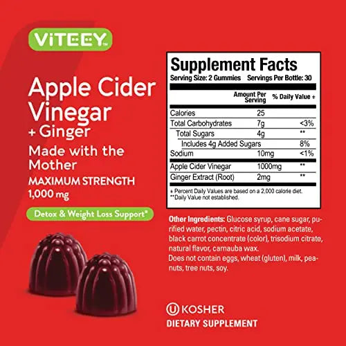 Apple Cider Vinegar Gummies 1,000mg Plus Ginger, ACV with The Mother, Detox Cleanse Viteey Au supplements