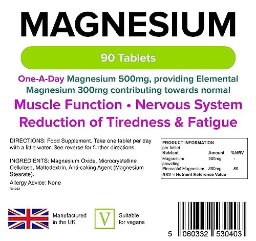 Lindens 500mg Magnesium Tablets | 90s 1-a-Day | Made in The UK | Tiredness, Muscle Lindens Au supplements