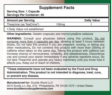 Theacrine (Teacrine) 100 Mg, 60 Capsules - Energy and Focus Supplement (Similar to Caffe Double Wood Supplements Au supplements