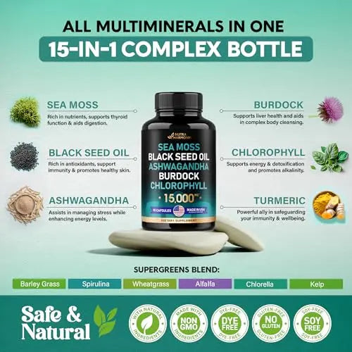 Irish Sea Moss | Black Seed Oil | Ashwagandha | Burdock | Chlorophyll | Supergreens NUTRAHARMONY Au supplements