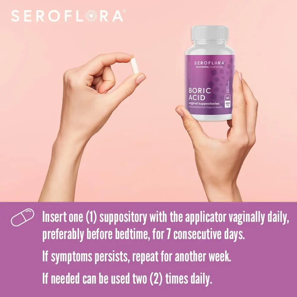Seroflora Boric Acid Vaginal Suppositories for Women + 1 Suppository Applicator - Helps Support Vaginal Odor pH Balance, Yeast Infection and Bacterial Vaginosis Seroflora Au supplements
