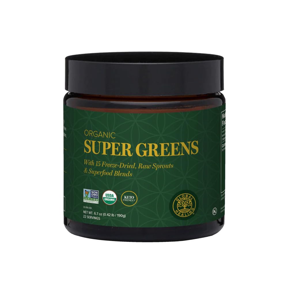 Global Healing Organic Super Greens Powder Blend - Greens Superfood Powder with 15 Raw Whole Sprouts - Delicious Green Juice Smoothie Mix for Daily Nutrition - Non-GMO, Gluten-Free Greens Supplements Global Healing Center Au supplements