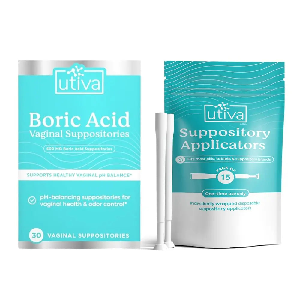 10% Bundle Utiva Boric Acid - 600mg 30-Boric Acid Vaginal Suppositories to Lower pH and Support Vaginal Health + Utiva Suppository Applicators – Hygienic Individually Wrapped 15 Vaginal Applicators Szio+ Au supplements