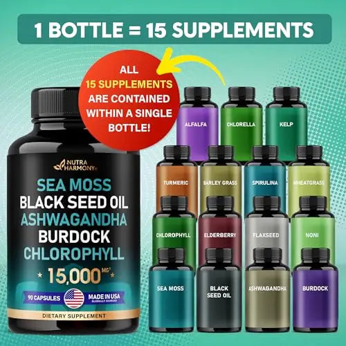 Irish Sea Moss | Black Seed Oil | Ashwagandha | Burdock | Chlorophyll | Supergreens NUTRAHARMONY Au supplements
