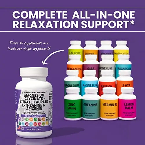 Magnesium Glycinate Complex 1000mg with L-Theanine 200mg Apigenin 50mg Citrate Taurate Supplement - 5-HTP GABA Passion Flower Lemon Balm L-Glycine Phosphatidylserine Ashwagandha - USA Made Clean Nutra Clean Nutraceuticals Au supplements