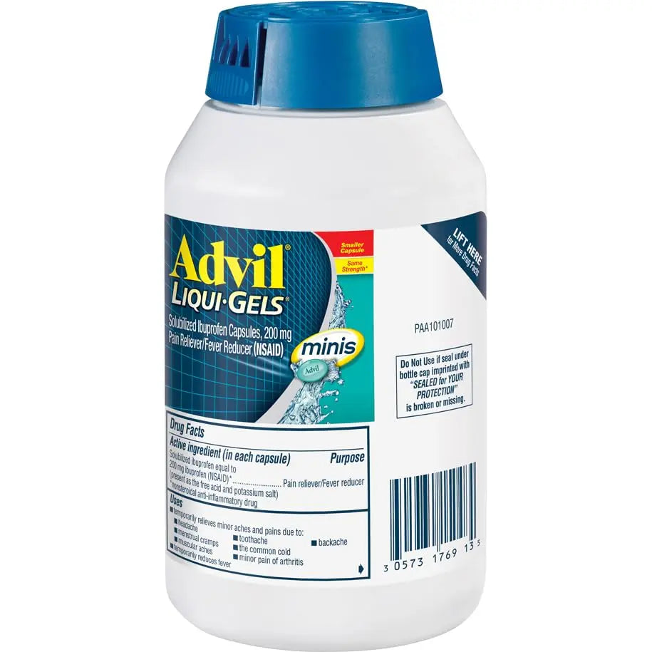 Advil Liqui-Gels minis Pain Reliever and Fever Reducer, Pain Medicine for Adults with Ibuprofen 200mg for Pain Relief - 200 Liquid Filled Capsules Advil Au supplements