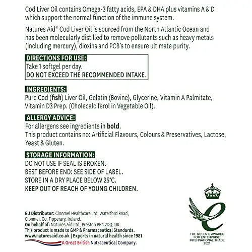 Natures Aid Cod Liver Oil, 1000 mg, 180 Softgel Capsules (High Strength, 254 mg Omega natures aid Au supplements