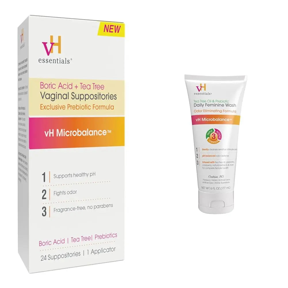 vH essentials Vaginal Health Bundle - Boric Acid + Tea Tree Suppositories (24 Count) + Tea Tree & Prebiotic Feminine Wash (6 Fl Oz) vH essentials Au supplements