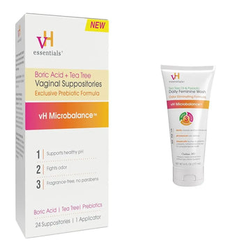 vH essentials Vaginal Health Bundle - Boric Acid + Tea Tree Suppositories (24 Count) + Tea Tree & Prebiotic Feminine Wash (6 Fl Oz) vH essentials Au supplements