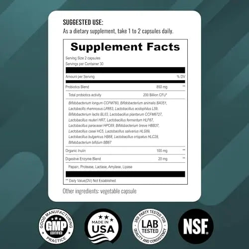 UpNourish Probiotics - 200 Billion CFUs, 15 Strains, Prebiotics & Enzymes - 60 Vegan Cap UpNourish Au supplements