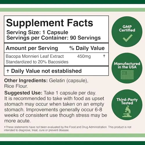 Bacopa Monnieri Capsules 20% Bacosides 450mg, 90 Count (Manufactured in USA Double Wood Supplements Au supplements