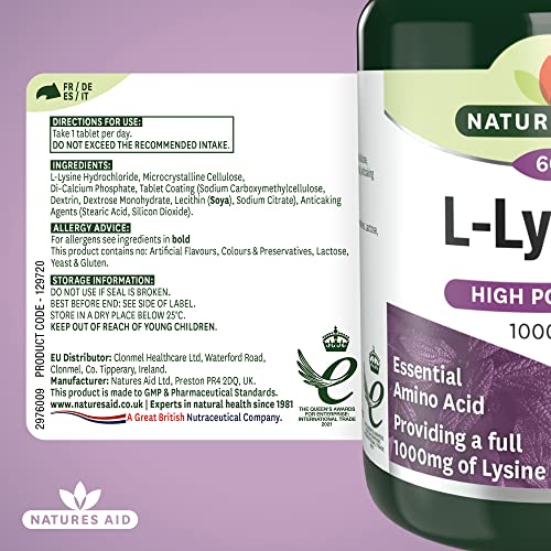 Natures Aid L-Lysine 1000 mg, High Potency Essential Amino Acid, Vegan, 60 Tablets natures aid Au supplements