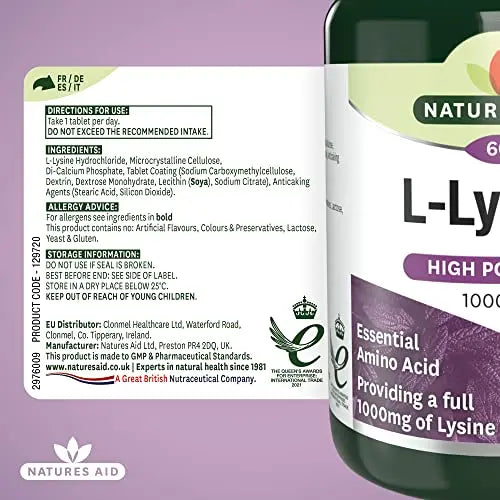 Natures Aid L-Lysine 1000 mg, High Potency Essential Amino Acid, Vegan, 60 Tablets natures aid Au supplements