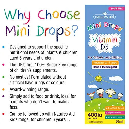 Natures Aid Vitamin D3 Mini Drops for Infants and Children, Sugar Free, 50ml natures aid Au supplements