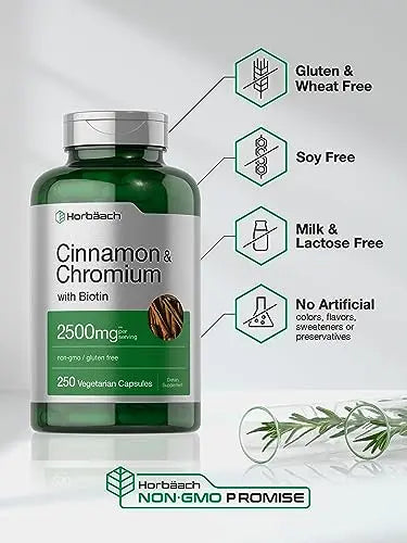 Cinnamon with Chromium Picolinate 2500mg | 250 Capsules | Plus Biotin | Vegetarian Horbäach Au supplements