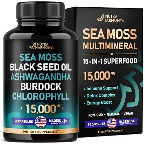 Irish Sea Moss | Black Seed Oil | Ashwagandha | Burdock | Chlorophyll | Supergreens NUTRAHARMONY Au supplements