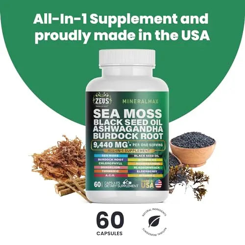 Sea Moss Capsules with Black Seed Oil, Burdock Root, Bladderwrack, Turmeric, Ashwagan Zeus Naturals Au supplements