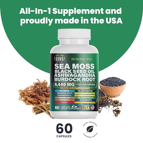 Sea Moss Capsules with Black Seed Oil, Burdock Root, Bladderwrack, Turmeric, Ashwagan Zeus Naturals Au supplements