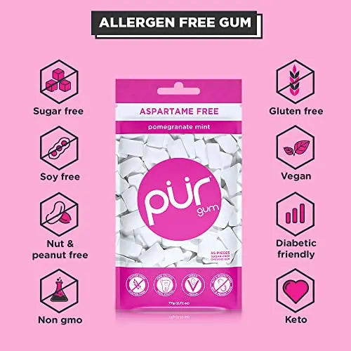 PUR Gum | Aspartame Free Chewing Gum | 100% Xylitol | Natural Pomegranate PUR Au supplements