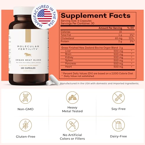 Molecular Fertility Beef Organ Complex - Pasture-Raised, Grass Fed Beef Liver, Brain, Heart, Spleen, Pancreas Blend, Healthy Hormone Balance and Fertility Supplement for Women and Men, 180 Capsules Molecular Fertility Au supplements