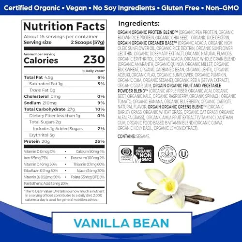 Orgain Organic Vegan Meal Replacement Protein Powder, Vanilla Bean - 20g Plant Based Orgain Au supplements