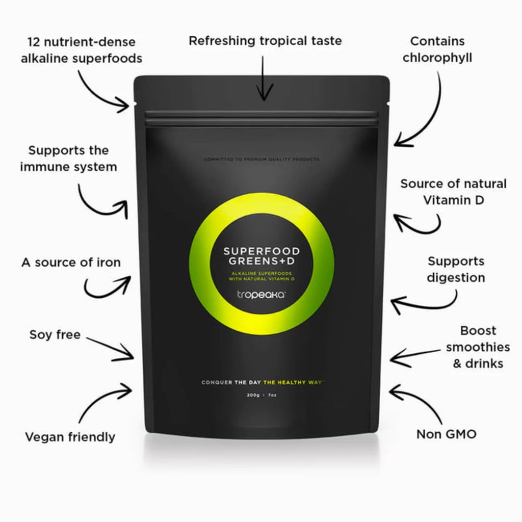 Tropeaka Superfood Greens + D - Antioxidant Green Powder for Energy, Immune System, & Gut Health, Rich in Chlorophyll & Essential Nutrients, Vitamin D, Vegan, Gluten Free, Non-GMO - 7oz (20 Servings) Tropeaka Au supplements