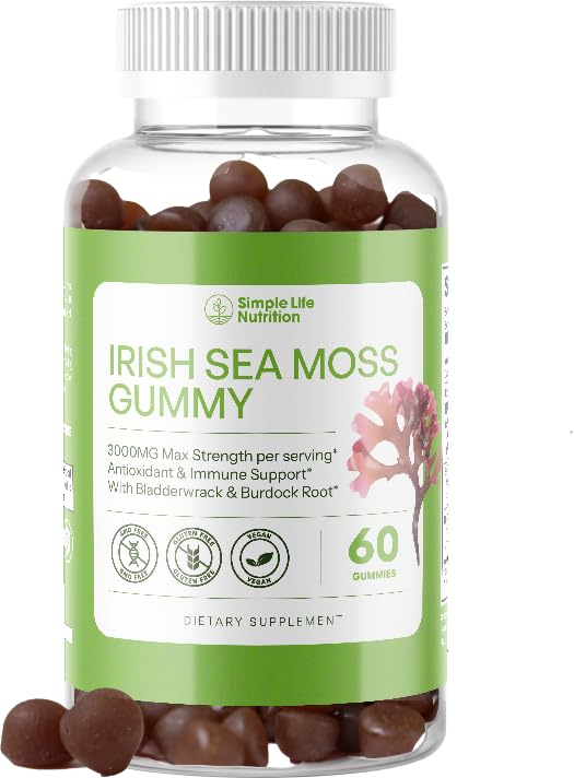 Simple Life Nutrition Organic Irish Sea Moss Gummies - Burdock Root and Bladderwrack Natural Blend - Immune System Gut Cleanse & Thyroid Supplement - Skin and Nail Health - 60CT Simple Life Nutrition Au supplements