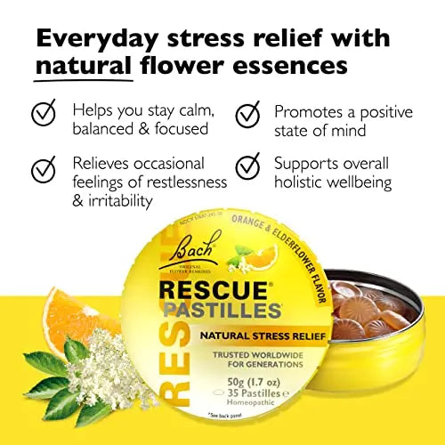 RESCUE Bach PASTILLES, Orange and Elderflower Flavor, Natural Stress RESCUE Au supplements
