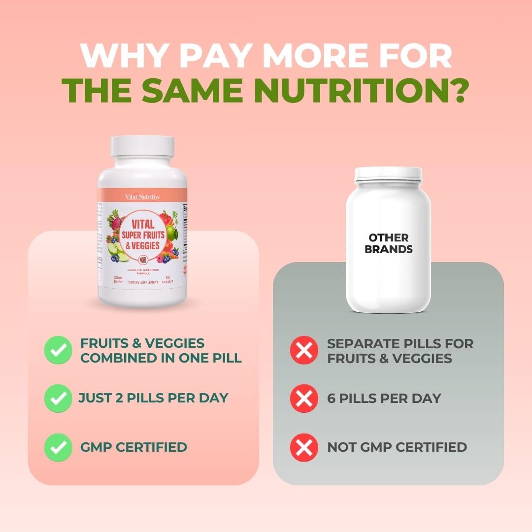 Vital Super Fruits & Veggies - Daily Superfood Capsules for Adults - Fruit & Vegetable Supplements to Boost Immunity & Energy - 2-in-1 Formula for Overall Wellness VITAL NUTRITIVE Au supplements