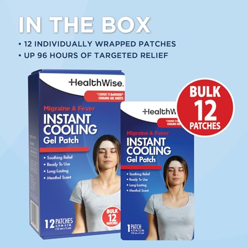 HealthWise Instant Cool Gel Patches | Migraine & Fever Relief | 12-Count | 4.75” x 2” | Soothing Menthol Vapors | Non-Medicated Formula HealthWise Au supplements