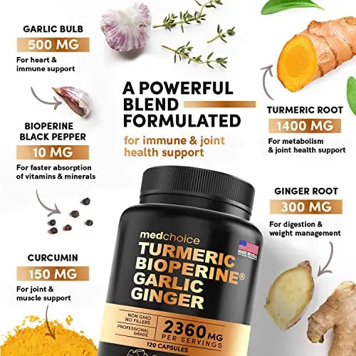 4-in-1 Turmeric and Garlic Supplements with Bioperine 2360 mg (240 ct) Turmeric Ginger MEDCHOICE Au supplements