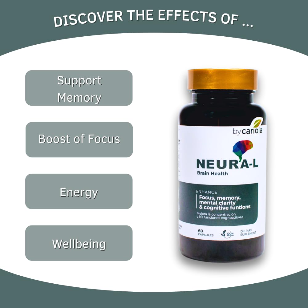 BY CARIOLA Neural-L Natural Brain Support Supplement 60 Caps - Mental Support – Memory Booster - Concentration - Natural Formula - Ashwagandha - L-Tyrosine - L-Theanine BY CARIOLA Au supplements