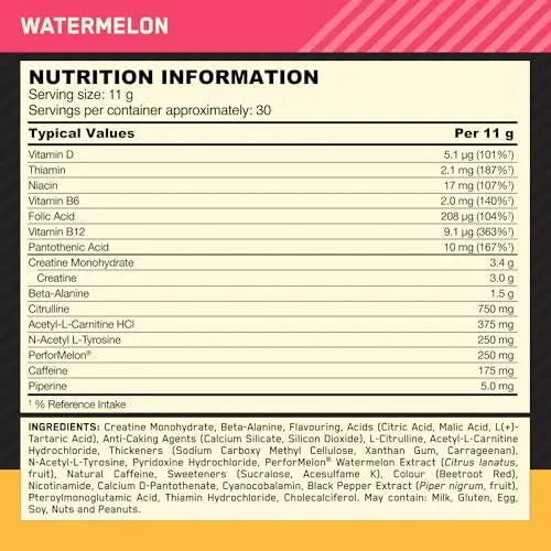 Optimum Nutrition Gold Standard Pre Workout Watermelon Flavoured Powder, 330g Optimum Nutrition Au supplements