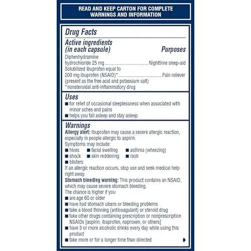 Advil PM Liqui-Gels Pain Reliever and Nighttime Sleep Aid, Pain Medicine with Ibuprofen for Pain Relief and Diphenhydramine HCL for a Sleep Aid - 80 Liquid Filled Capsules - Back to College Advil Au supplements