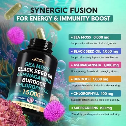 Irish Sea Moss | Black Seed Oil | Ashwagandha | Burdock | Chlorophyll | Supergreens NUTRAHARMONY Au supplements