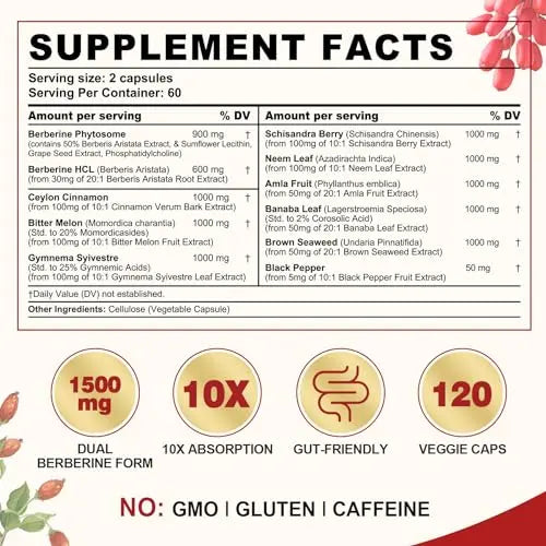 Berberine Supplement Organic 1500mg with Ceylon Cinnamon Bitter Melon & Banana Leaf envycure Au supplements
