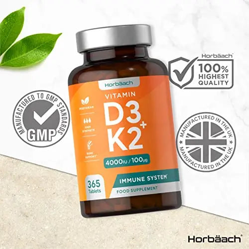 Vitamin D3 K2 High Strength Tablets | 365 Count | Vitamin D3 4000iu and Vitamin K2 MK7 Horbäach Au supplements
