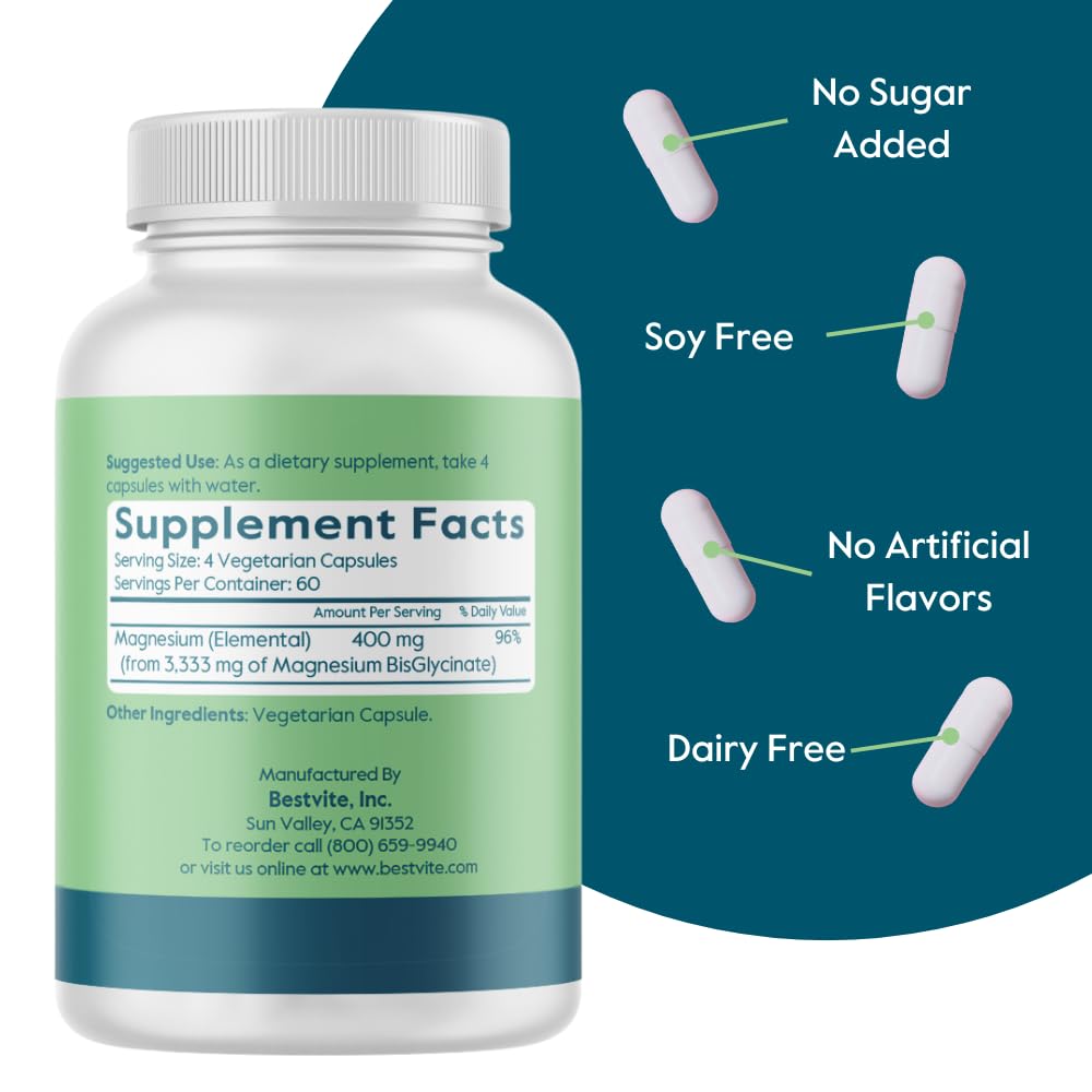 BESTVITE Filler-Free Magnesium Glycinate - 400mg of Magnesium per Serving (240 Veg Caps)- Chelated Bisglycinate for Muscle, Relaxation, Stress & Sleep Support* - For Men & Women - No Stearates - Vegan BESTVITE Au supplements