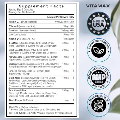 Sea Moss 3000mg Maca 1000mg Black Seed Oil 2000mg Ashwagandha 1000mg Bladderw Vitamax Au supplements