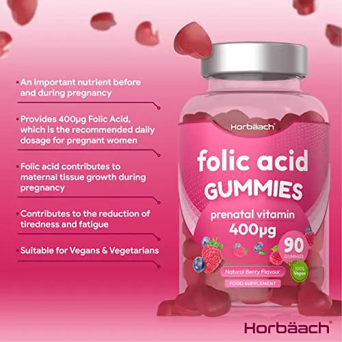 Folic Acid Gummies 400 mcg | 90 Count | Natural Berry Flavour | High Strength Prenatal Horbäach Au supplements