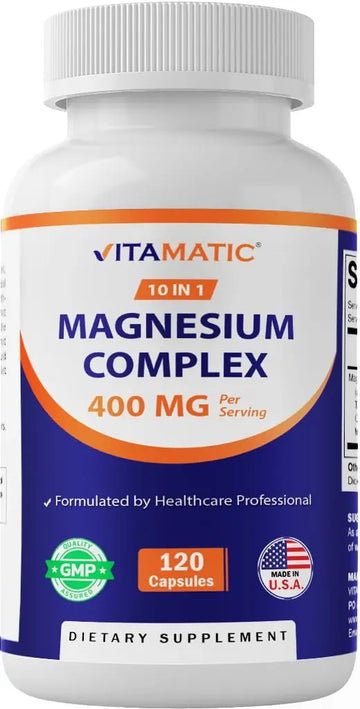 Vitamatic Magnesium Complex, 400mg Elemental MG (as Bisglycinate, Citrate, Taurate, Malate, Aspartate, Oxide, Gluconate, Lysinate Glycinate, Orotate, Succinate) – 120 Capsules Vitamatic Au supplements