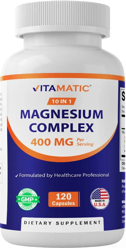 Vitamatic Magnesium Complex, 400mg Elemental MG (as Bisglycinate, Citrate, Taurate, Malate, Aspartate, Oxide, Gluconate, Lysinate Glycinate, Orotate, Succinate) – 120 Capsules Vitamatic Au supplements