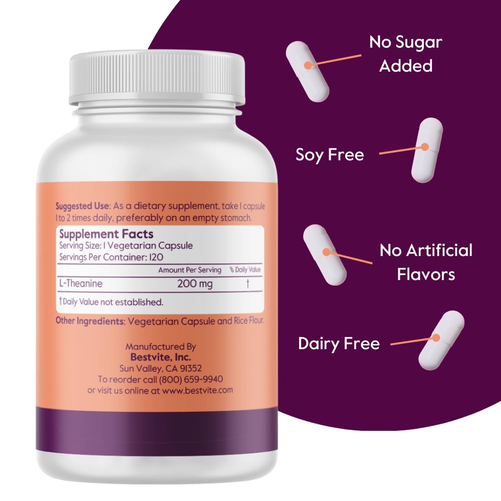 BESTVITE L-Theanine 200mg (120 Vegetarian Capsules) - No Stearates - Vegan - Non GMO - Gluten Free BESTVITE Au supplements