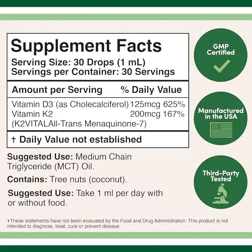 Vitamin D3 K2 5,000 IU Liquid Drops (5,000 IU of D3 and 200mcg of 99.9% All-Trans Double Wood Supplements Au supplements