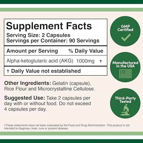 AKG Supplement (Alpha Ketoglutaric Acid) 1,000mg Per Serving (180 Capsules) Different Double Wood Supplements Au supplements