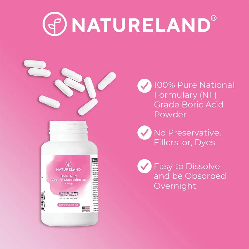 Natureland Boric Acid Suppositories for Women - 600mg, 40 Count - Made in USA - Feminine Care for pH Balance & Odor Control - Unscented Intimate Health Support Natureland Au supplements
